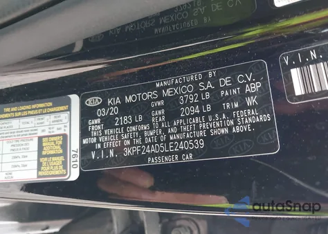 2020 Kia Forte Lxs from USA, damaged, VIN 3KPF24AD5LE240539